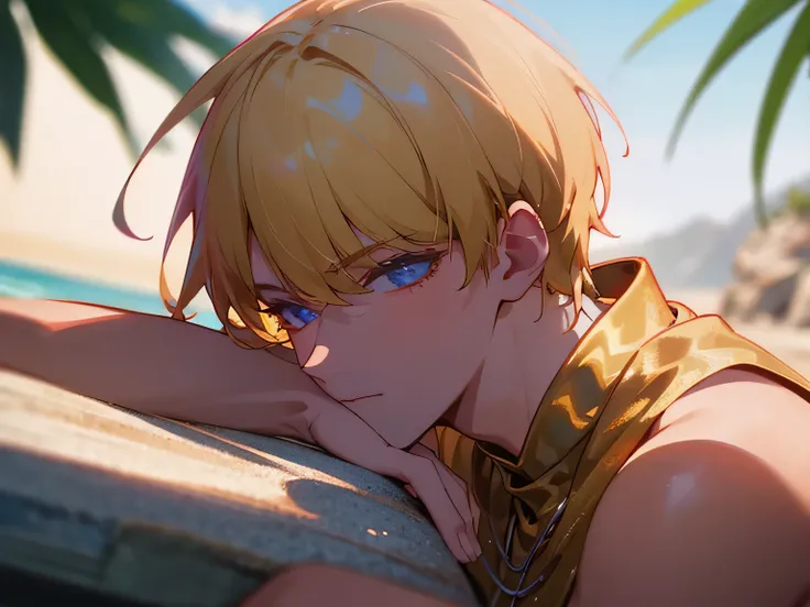 1 male, male character, handsome man, mature hot man, fate grand order, Create a landscape artwork featuring Gilgamesh from Fate/Grand Order lying on the beach, basking in the golden sunlight. Render him from a side view, shirtless, adorned with gold chain...