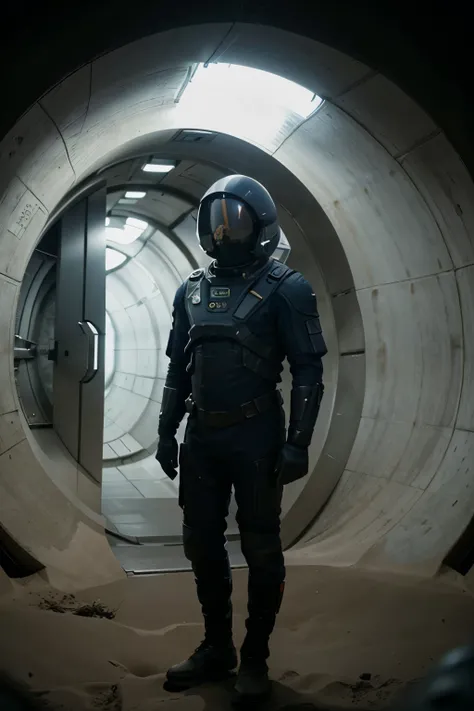 there are many people in a space suit standing in a tunnel, still from the movie the arrival, film still from movie dune-2021, blue planet still, from a 2 0 1 9 sci fi 8 k movie, depicted as a scifi scene, sci - fi film still, film still from dune 2020, al...