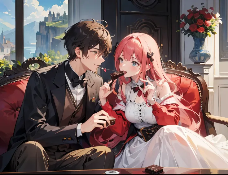 ((Best quality, A high resolution, Masterpiece:1.2)), (Romantic) ,(laugh), happy atmosphere,(Clear facial features),(Couple portrait) a woman feed a chocolate to a mans mouth, holding a gift box with a heart, Romantic, Valentine, landscape