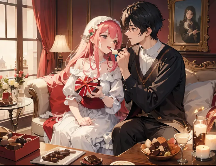 ((Best quality, A high resolution, Masterpiece:1.2)), (Romantic) ,(laugh), romantic atmosphere,(Clear facial features), (couple) a woman feed a chocolate to a mans mouth, holding a gift box with a heart, Romantic, Valentine, landscape