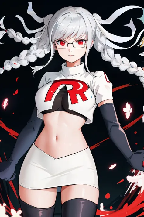 1girl, breasts, cowboy shot, floating hair, glasses, hair ribbon, large breasts, shiny, shiny hair, solo, white ribbon, team rocket,team rocket uniform,white skirt,red letter R,crop top,black thigh-highs,black elbow gloves