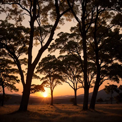 beautiful sunset with tree silhouette in the foreground, In the evening, cores quentes, Luz, luz do sol, muito detalhado, muito afiado, fotografia, Enquadramento de cena, cinematic depth of field effect, film noir genre, 8k resolution , alta qualidade, Ult...