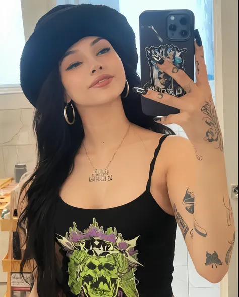 arafed woman com tatuagens and a black top taking a selfie, com tatuagens, she is wearing a black tank top, tatuado, imagem de qualidade muito baixa, wearing a choker and a cute hat, tattoo sleeve on her right arm, taken at the beginning of 2020, foto de b...