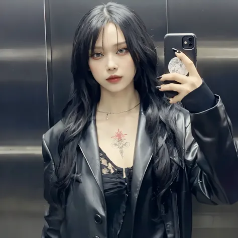 woman com longos cabelos pretos taking a selfie in front of a metal wall, cruel korean goth girl, Ulzzang, com longos cabelos pretos, goth girl aesthetic, imagem vazada, xianxia de corpo inteiro, Retrato de Jossi do Blackpink, 1 7 Year Old Goth Anime Girl,...