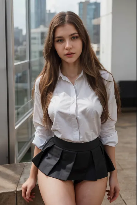 (Photorealistic: 1.4), high resolution, 1women, solo pose, hips tilted up, gazing directly at the viewer, (detailed face with wrinkles and pores visible), white hair cascading down, long hair flowing behind, school uniform with plaid pattern, skirt hiked u...