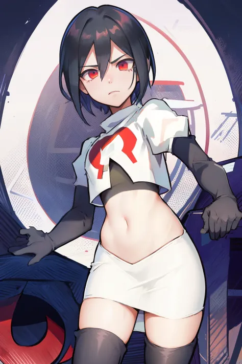absurdres, cowboy shot, solo, male focus, trap, 1boy, crossdressing,1boy, saihara shuichi, looking at viewer, team rocket,team rocket uniform,white skirt,red letter R,crop top,black thigh-highs,black elbow gloves
