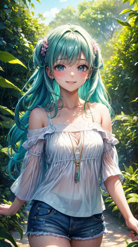 (highres,masterpiece:1.2),detailed,1_girl waifu,,wearing offtheshoulder shirt,mini shorts,portraits,anime style,vibrant colors,pastel color palette,warm lighting,blurred background,greenery in the background,breezy atmosphere,relaxed expression,bright eyes...