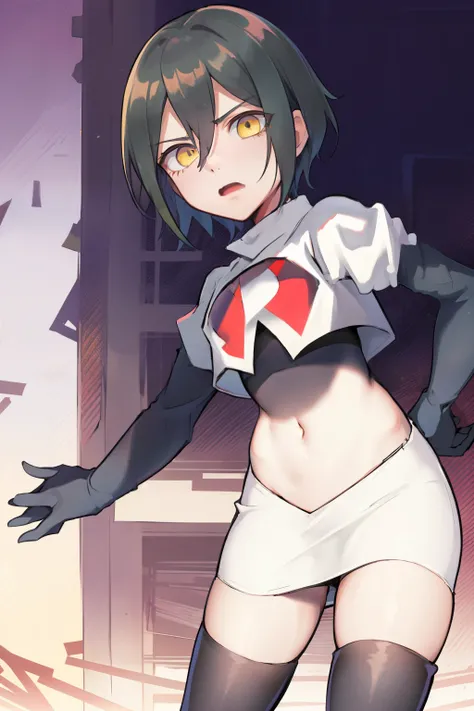absurdres, cowboy shot, solo, male focus, trap, 1boy, crossdressing,1boy, saihara shuichi, yellow eyes,looking at viewer, team rocket,team rocket uniform,white skirt,red letter R,crop top,black thigh-highs,black elbow gloves