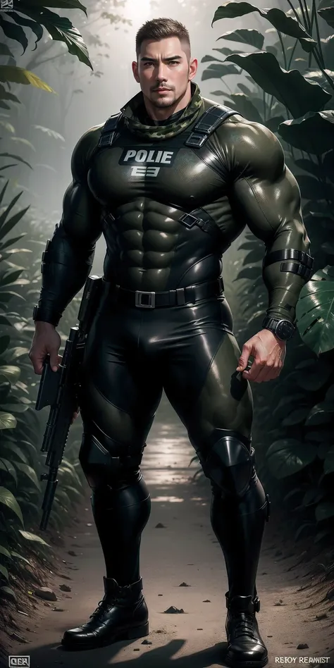 High, huge, muscular police officer with his mouth open and screaming..，Khaki camouflage uniform，character idea（Resident Evil - chris redfield，chris redfield）senior police officer，Wearing a khaki camouflage wetsuit，Matte texture，regular symmetrical texture...