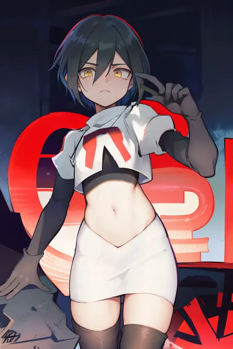 absurdres, cowboy shot, solo, male focus, trap, 1boy, crossdressing,1boy, saihara shuichi, yellow eyes,looking at viewer, team rocket,team rocket uniform,white skirt,red letter R,crop top,black thigh-highs,black elbow gloves