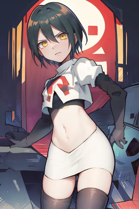 absurdres, cowboy shot, solo, male focus, trap, 1boy, crossdressing,1boy, saihara shuichi, yellow eyes,looking at viewer, team rocket,team rocket uniform,white skirt,red letter R,crop top,black thigh-highs,black elbow gloves