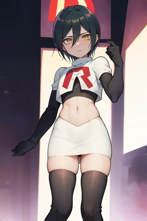 absurdres, cowboy shot, solo, male focus, trap, 1boy, crossdressing,1boy, saihara shuichi, yellow eyes,looking at viewer, team rocket,team rocket uniform,white skirt,red letter R,crop top,black thigh-highs,black elbow gloves