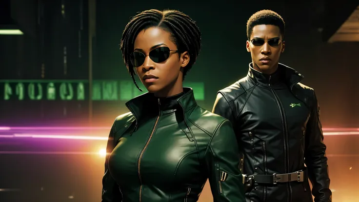 African American woman with sunglasses, in the matrix, digital art, matrix green screen in background, cinematic