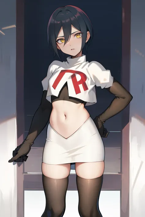 absurdres, cowboy shot, solo, male focus, trap, 1boy, crossdressing,1boy, saihara shuichi, yellow eyes,looking at viewer, team rocket,team rocket uniform,white skirt,red letter R,crop top,black thigh-highs,black elbow gloves