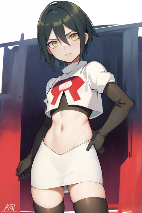 absurdres, cowboy shot, solo, male focus, trap, 1boy, crossdressing,1boy, saihara shuichi, yellow eyes,looking at viewer, team rocket,team rocket uniform,white skirt,red letter R,crop top,black thigh-highs,black elbow gloves