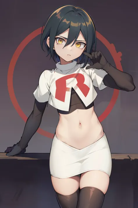 absurdres, cowboy shot, solo, male focus, trap, 1boy, crossdressing,1boy, saihara shuichi, yellow eyes,looking at viewer, team rocket,team rocket uniform,white skirt,red letter R,crop top,black thigh-highs,black elbow gloves