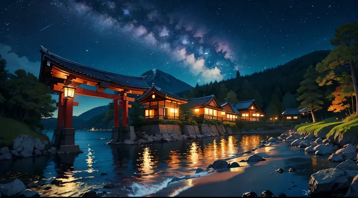 Colored leaves、（jpn、evening glow、Mare）、torii gate、autumnal, oil painting with sky and stars night with van Koch style with green landscape in Norway 