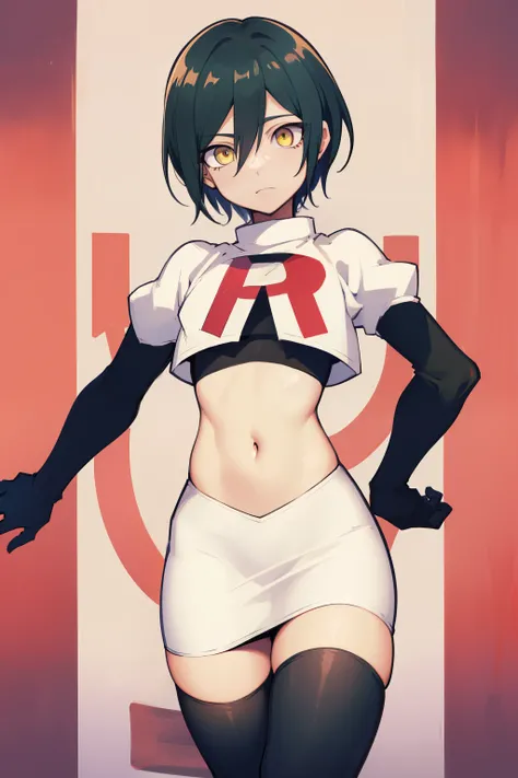 absurdres, cowboy shot, solo, male focus, trap, 1boy, crossdressing,1boy, saihara shuichi, yellow eyes,looking at viewer, team rocket,team rocket uniform,white skirt,red letter R,crop top,black thigh-highs,black elbow gloves