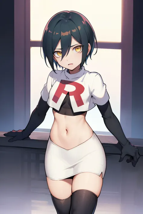 absurdres, cowboy shot, solo, male focus, trap, 1boy, crossdressing,1boy, saihara shuichi, yellow eyes,looking at viewer, team rocket,team rocket uniform,white skirt,red letter R,crop top,black thigh-highs,black elbow gloves
