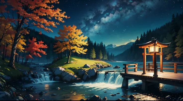 Colored leaves、（jpn、evening glow、Mare）、torii gate、autumnal, oil painting with sky and stars night with van Koch style with green landscape in Norway 