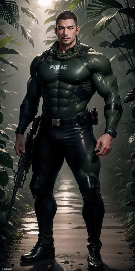 High, huge, muscular police officer with his mouth open and screaming..,Light khaki camouflage uniform,character idea(Resident Evil - chris redfield,chris redfield)senior police officer,Wearing a light khaki camouflage diving suit,Matte texture,regular sym...