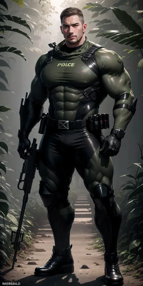 High, huge, muscular police officer with his mouth open and screaming..，Light khaki camouflage uniform，character idea（Resident Evil - chris redfield，chris redfield）senior police officer，Wearing a light khaki camouflage diving suit，Matte texture，regular sym...