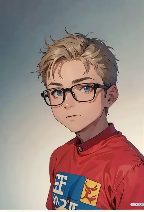 young boy with spiky hair and big glasses wearing a red shirt with design on the front