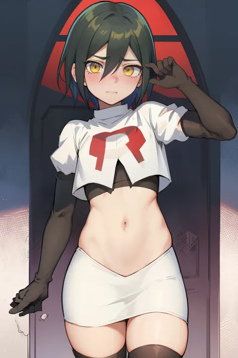 absurdres, cowboy shot, solo, male focus, trap, 1boy, crossdressing,1boy, saihara shuichi, yellow eyes,looking at viewer, team rocket,team rocket uniform,white skirt,red letter R,crop top,black thigh-highs,black elbow gloves, embarrassed, blush