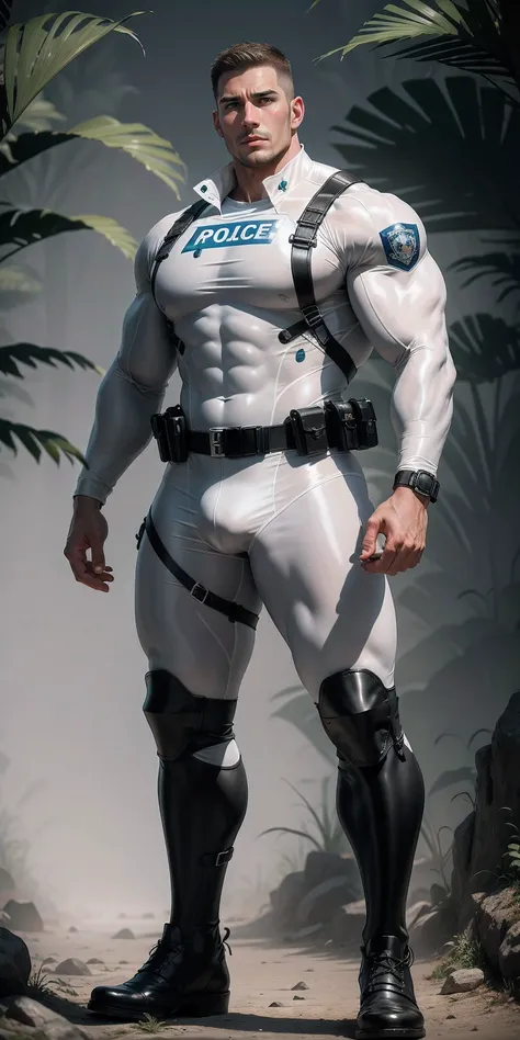 High, huge, muscular police officer with his mouth open and screaming..，he has long legs，White khaki camouflage uniform，character idea（Resident Evil - chris redfield，chris redfield）senior police officer，Wearing a white khaki camouflage wetsuit，Matte textur...