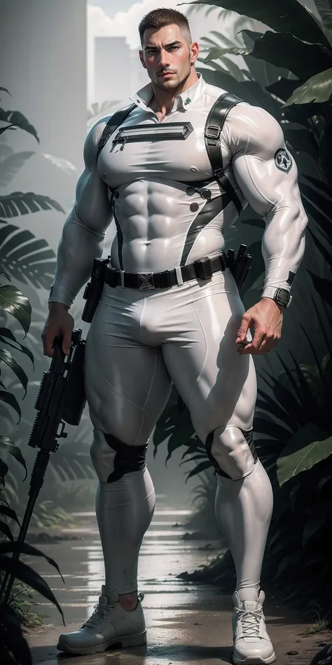 High, huge, muscular police officer with his mouth open and screaming..，he has long legs，White khaki camouflage uniform，character idea（Resident Evil - chris redfield，chris redfield）senior police officer，Wearing a white khaki camouflage wetsuit，Matte textur...