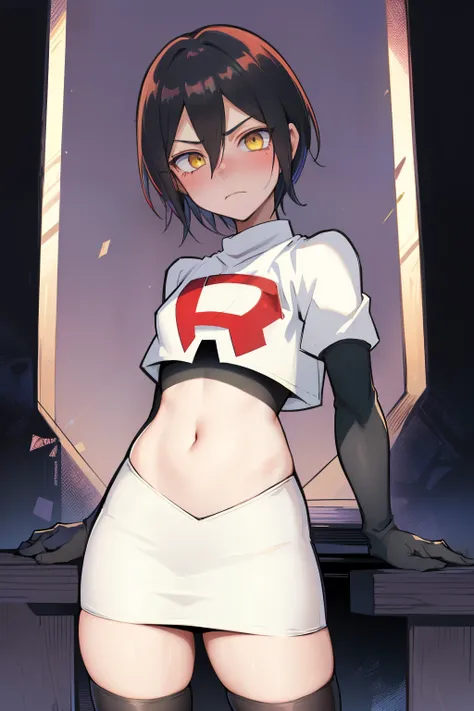 absurdres, cowboy shot, solo, male focus, trap, 1boy, crossdressing,1boy, saihara shuichi, yellow eyes,looking at viewer, team rocket,team rocket uniform,white skirt,red letter R,crop top,black thigh-highs,black elbow gloves, embarrassed, blush