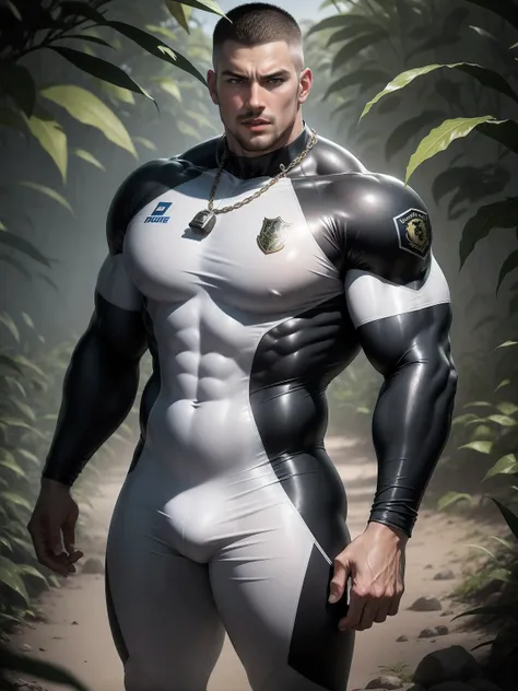 High, huge, muscular police officer with his mouth open and screaming..，buzz clip，White khaki camouflage uniform，He has short hair，tough guy，buzz clip，senior police officer，Wearing a white khaki camouflage wetsuit，Matte texture，regular symmetrical texture ...