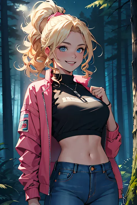 ((best quality)), ((masterpiece)), (detailed), perfect face, young woman, woman, blonde curly hair in a ponytail, blue eyes, smiling, wearing a jacket over a crop top and jeans, puffy pink keychain attached to jeans, background is a dark forest at night