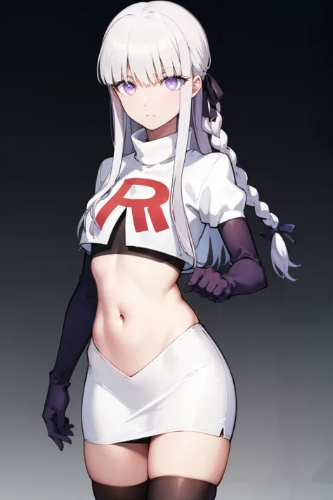 kyokokirigiri, kyouko kirigiri, long hair, bangs, ribbon, (purple eyes:1.1), hair ribbon, purple hair, braid, single braid, side braid,
BREAK black ribbon, team rocket,team rocket uniform,white skirt,red letter R,crop top,black thigh-highs,black elbow glov...