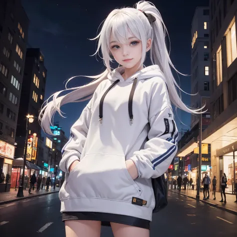 1girll, Small breasts,stitched face, patchwork skin, Closed mouth, Long_Hair, Light smile,City,street, White high ponytail hair, ,stitched_face,Patchwork_skin,Cowboy shot,( Hoodie),(Hand in pocket),Wear a sweatshirt underneath