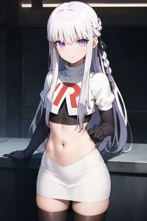 kyokokirigiri, kyouko kirigiri, long hair, bangs, ribbon, (purple eyes:1.1), hair ribbon, purple hair, braid, single braid, side braid,
BREAK black ribbon, team rocket,team rocket uniform,white skirt,red letter R,crop top,black thigh-highs,black elbow glov...