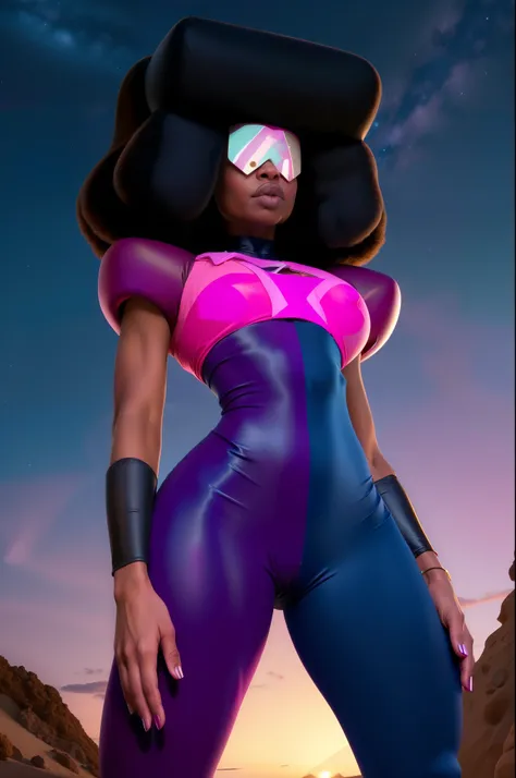 Garnet, blocky hair, afro, retro shades, serious, wide hips, cameltoe, navel , standing, upper body, chest plate , black and pink bodysuit with star, cleavage, beach, night, stars, (insanely detailed, beautiful detailed face, masterpiece, best quality) 