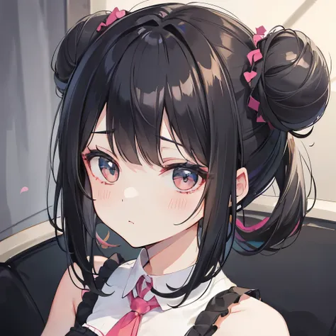 A girly girl, two buns, bangs, black hair, timid, shy