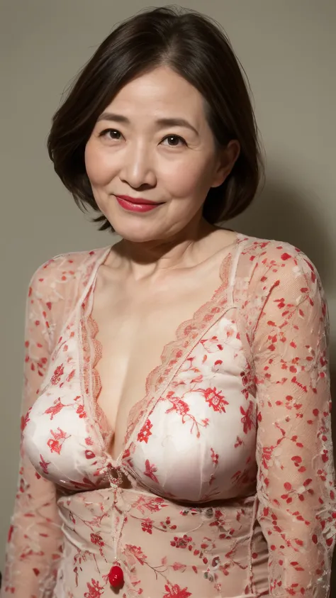 Remove the background, gravure, describe the lips correctly, red lipstick, from the chest up, In underwear, AS-Elderly,Mature Woman, Fancy face, highest quality, Super high quality, realistic, super dense skin, perfect description, (1 Japanese mature woman...