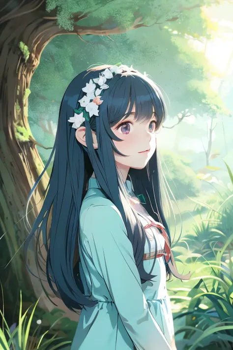 Light blue slightly long hair girl background is forest anime style illustration