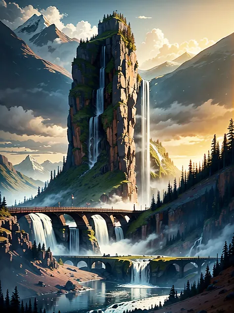 a painting of a waterfall and a bridge, with mountains in the background, in the style of 2d game art, golden light, monochrome landscapes, cabincore, sublime wilderness, atmospheric clouds, 8k resolution --ar 3:2