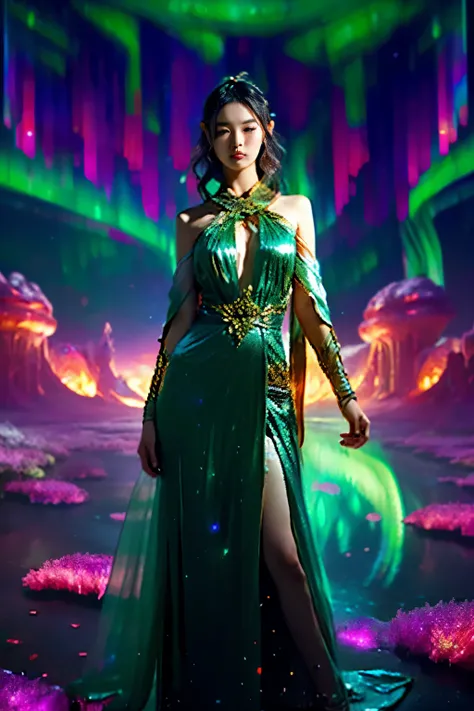 1 Zodiac goddess from the future, Wearing a thin silk dress., The goddess of the palace is beautiful., The zodiac goddess wears a colorful thin silk dress with a sexy white and black lace border., The goddess gave a bright bow aura, a purple-pink zodiac., ...