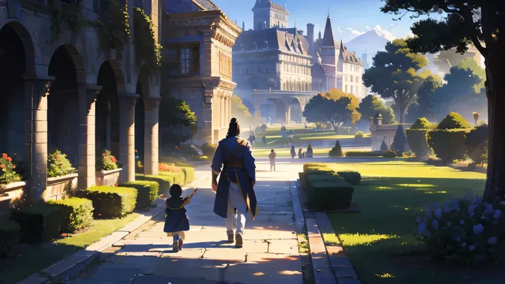 a king walking with his son in the garden of a large castle with a beautiful lak