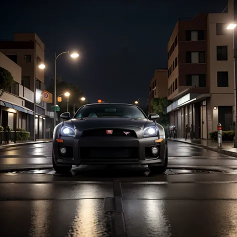 Descreva a cena de um jovem com capuz, wearing a black sweatshirt and jeans, standing on the sidewalk on a rainy night. He is looking at a shiny GTR R35 car passing on the road., Your admiration visible in your eyes. The light from the headlights reflects ...