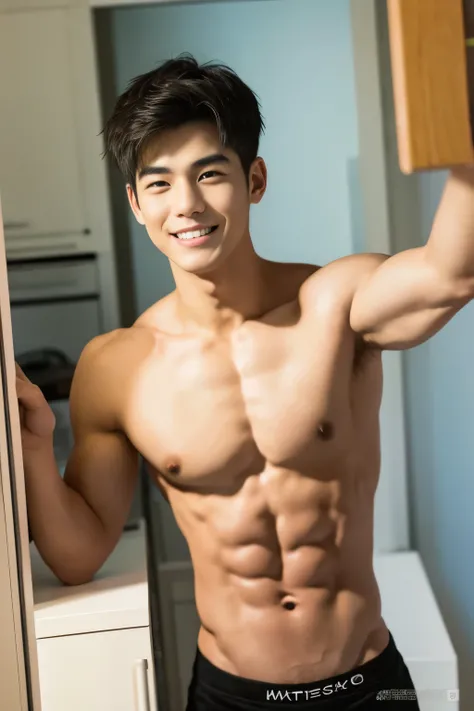 masterpiece, high quality, best quality, HD, actual, perfect,1 person, Young men,black hair, Smile,thin waist，6-pack abs，Sexy胸肌,Sexy, Thin stature,detailed body, The perspective is viewed from the bottom up ,