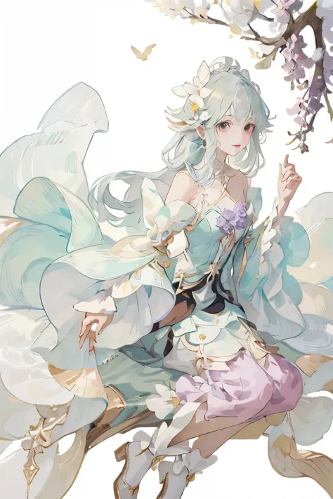Anime girl wearing purple skirt,There is a bird in the background, lilacs, my dress up darling anime, Cute anime waifu wearing beautiful clothes, clear Fashion Design, !!full body portrait!!, Soft anime illustration, Fashion Design, Beautiful anime style, ...