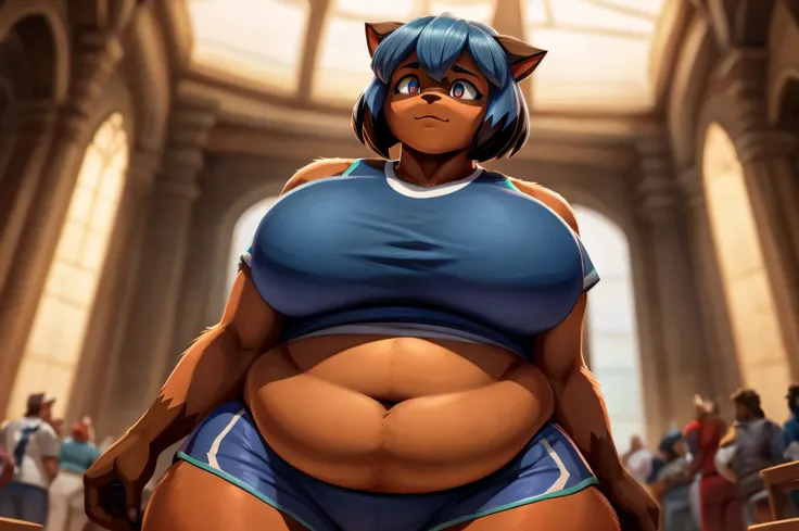 peludo michiru kagemori, pele do corpo, curvando-se, wearing standard sportswear, mostrando bunda, cabelo azul, cabelo em dois tons, corar, olhos brilhantes, reflexo de lente, de cima, melhor qualidade, high resolution, curvado, muito gordo, quadris largos...