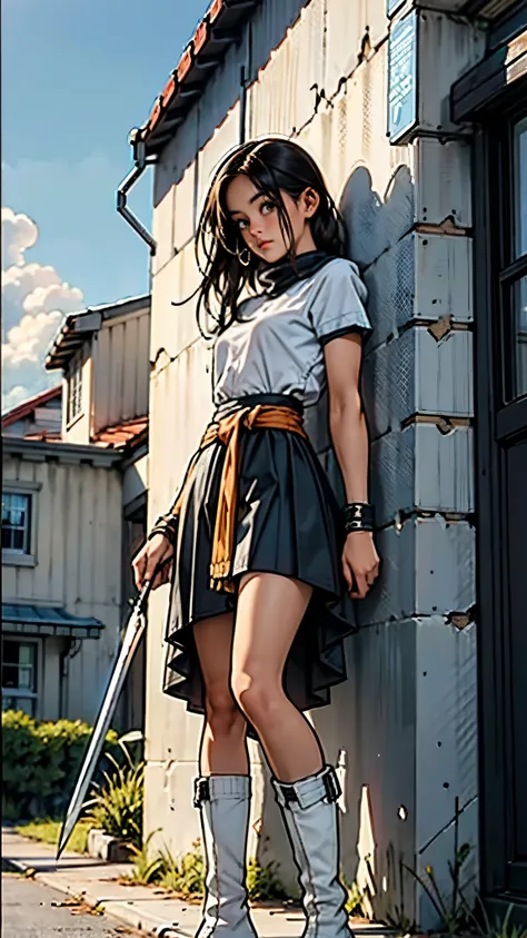 A woman with long brown hair, a determined expression on her exquisite face, a tall and muscular physique, a cropped top that exposes her waist, a yellow leather jacket with rolled-up sleeves, sturdy wooden forearm guards, two ribbons are elegantly tied ar...