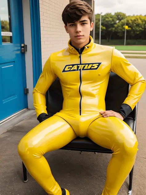 A high school boy wearing yellow latex catsuit 