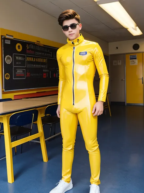 A high school boy wearing yellow latex catsuit 